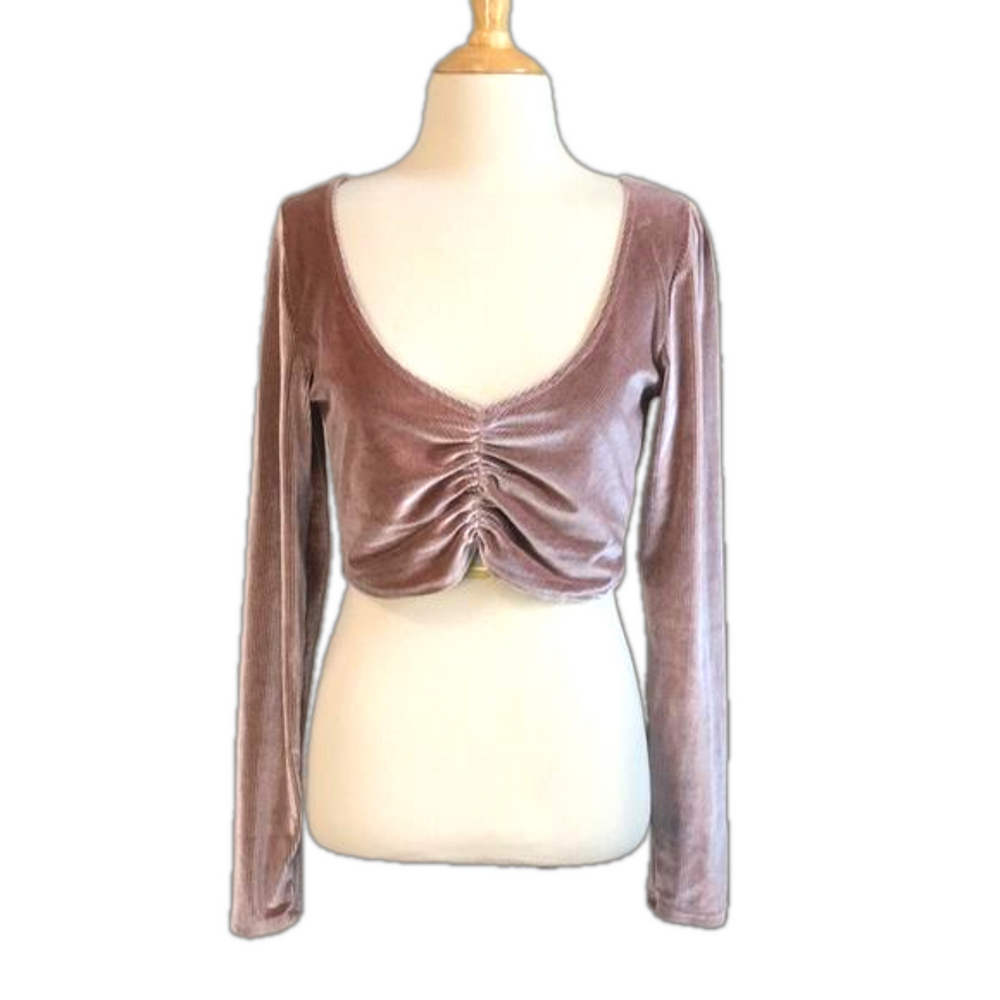 URBAN OUTFITTERS Paradox Ruched Cropped Top Mauve Velvet Long Sleeve Large - Picture 3 of 10